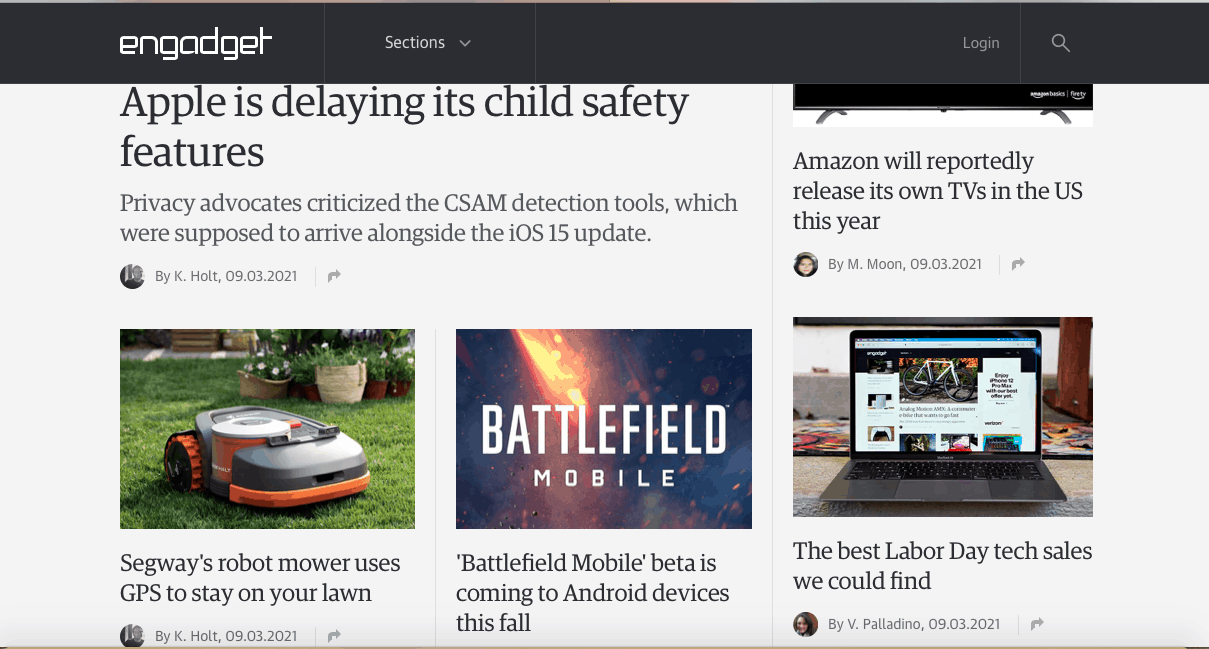 Endgadget homepage. Is an example of a current events article structure.