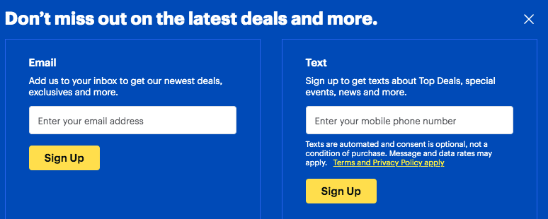 Best Buy entry pop up example