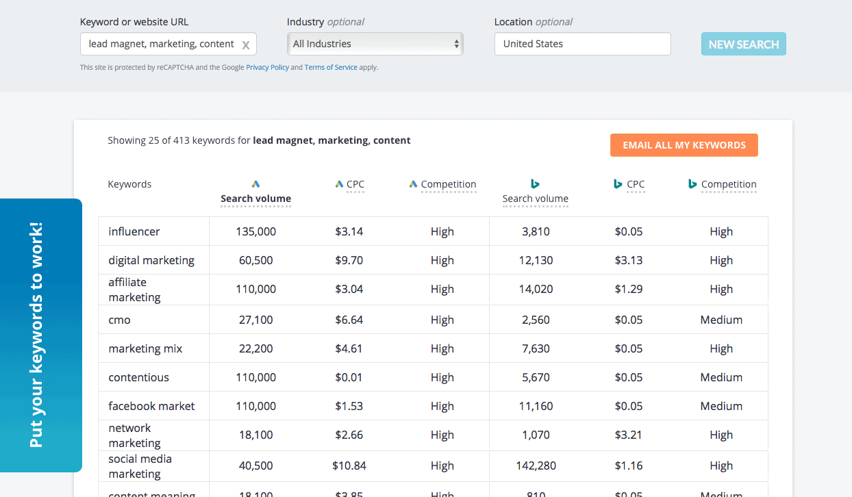 Wordstream keyword generator lead magnet example 3