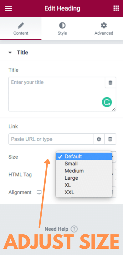 How to adjust header text size in elementor