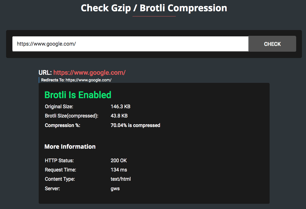 Checking gzip compression with gift of speed website