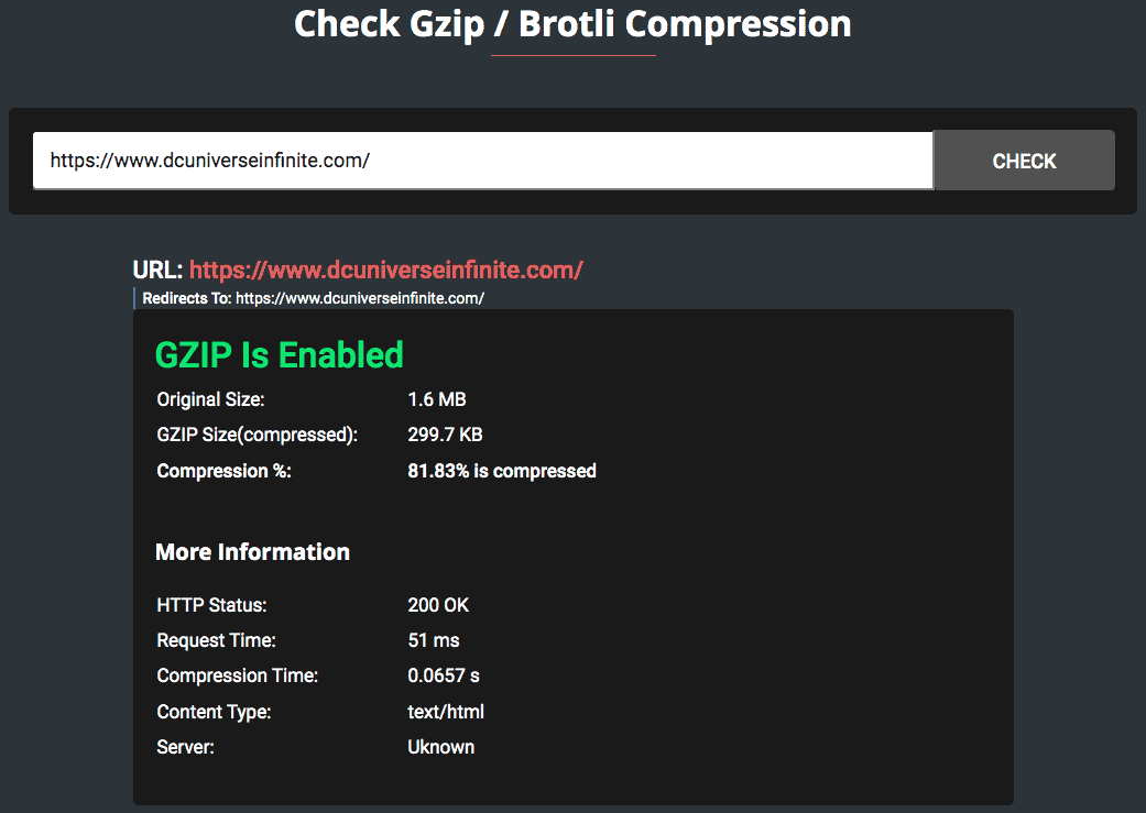 Check for gzip compression with Gift of speed website