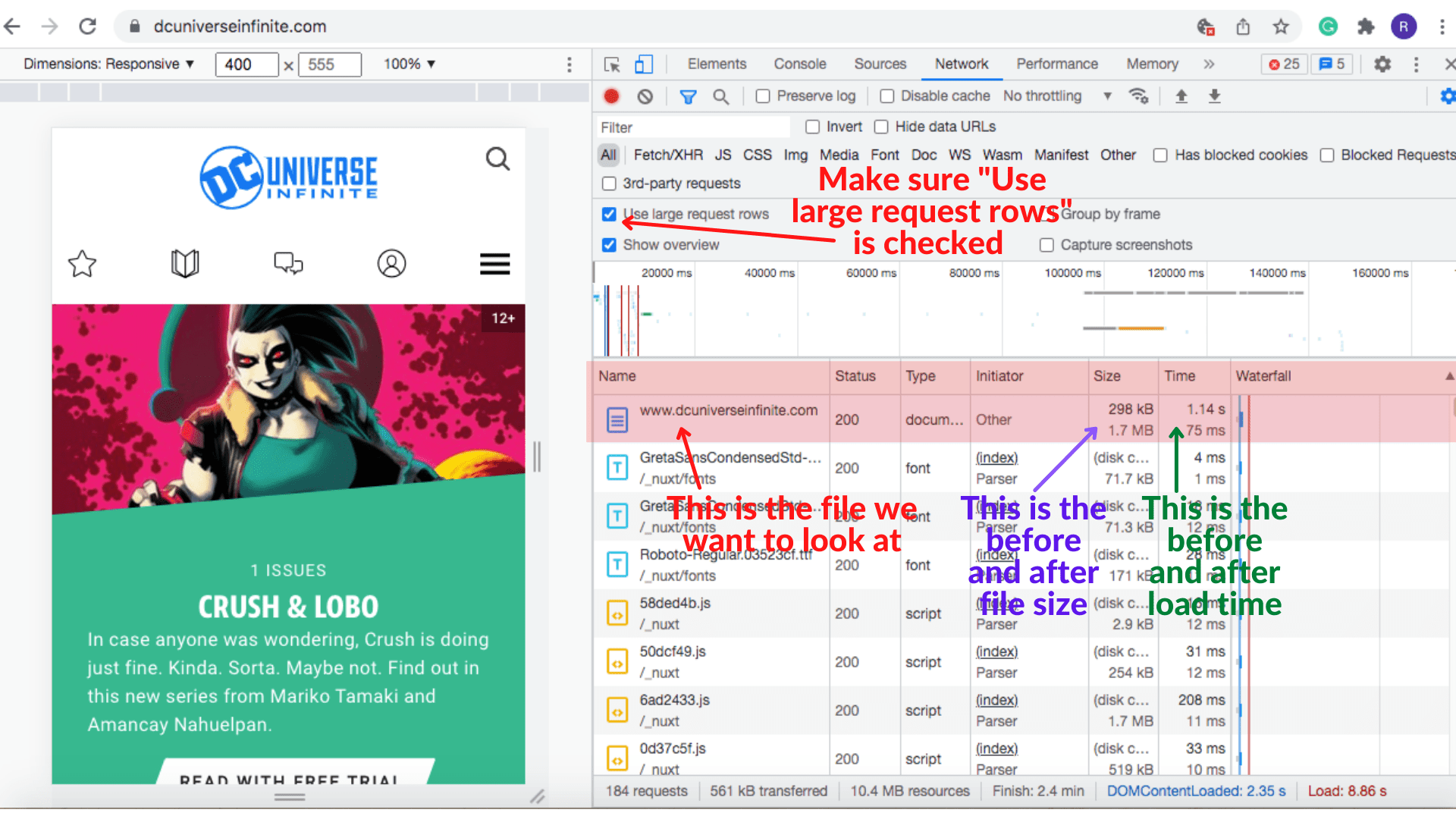 dev tool network key things to look at