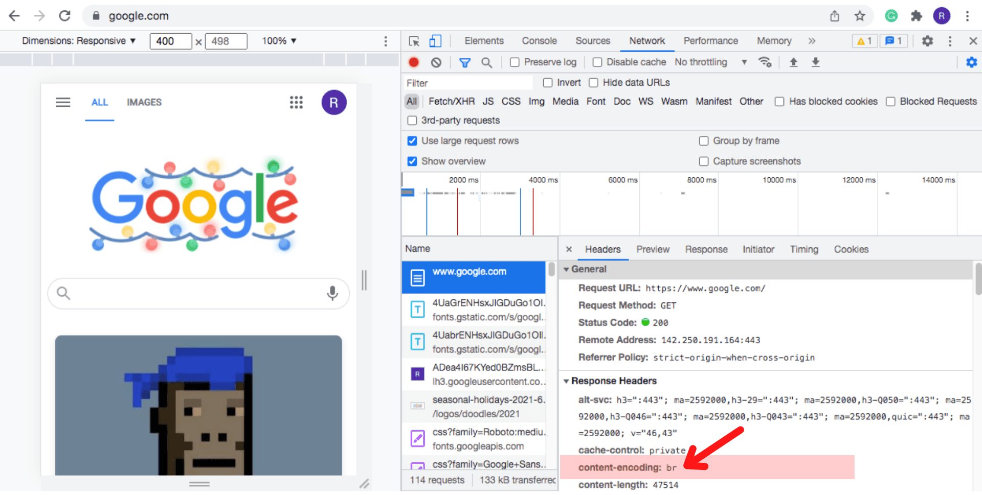 content encoding: br example in dev tools